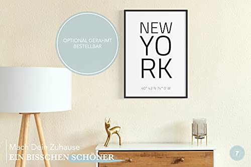 Papierschmiede® Geo Poster Koordinaten New York, B2 (50x70 cm) Stadt Poster als Wanddeko für Wohnzimmer Schlafzimmer Küche Esszimmer, USA East Coast, Bild ohne Rahmen