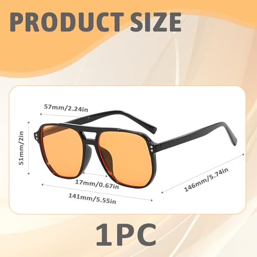 SquishyWorld Retro Sonnenbrille Herren Damen 70er Style Pilotenbrille Orange Gläser Schutz Vintage Große Rechteckige Sonnenbrillen für Autofahren Party Festival Schwarz Glänzend 1 Stück