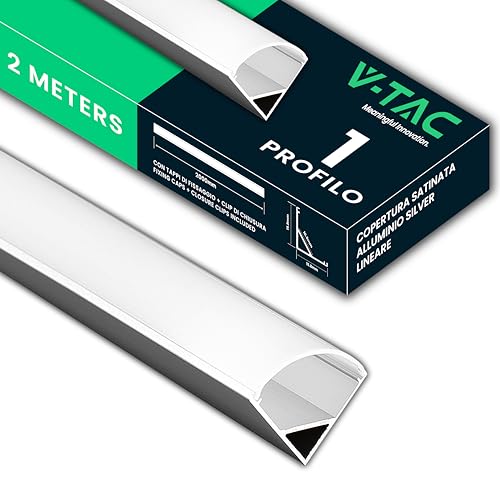 V-TAC 1 Profilo per Strisce Led da 2 METRI Angolare - (2 Metri Totali) - Profili per Strisce LED in Alluminio con Copertura Satinata - Colore Argento - Angoli 21,3 x 15,8mm