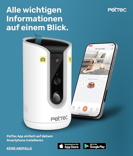 PetTec® Haustierkamera 360° und automatischer Futterspender mit Leckerliauswurf - via App & Multitaste - Bell-Erkennung - 3MP Nachtsichtfunktion - Hundekamera & Katzenkamera