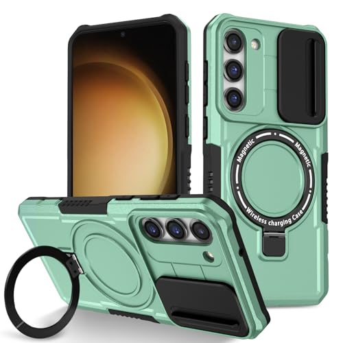 Yarxiawin Phone Case for Samsung S23 with Ring Stand Magnetic Black fits Wireless Charger, Camera Lens Protector Cover for Samsung Galaxy S23 Case Shockproof Anti-Slip (Green)