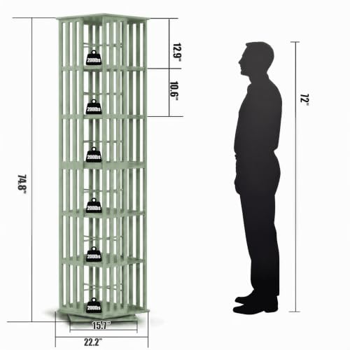 Image of Lauxery 6-Tier Bamboo Rotating Bookshelf Tower, Green, 74.8 in | 1200 Lbs Capacity, Freestanding, Small Footprint, 360 Degree Rotation, Dual Shelf Heights, For Living Room, Study Room,Corner
