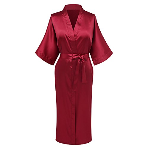 goodmansam Women's Plain Color Satin Kimono Robes Elegant Style Nightgown,Long,Blood RED,S
