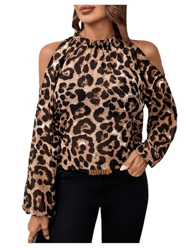 GORGLITTER Leoparden Oberteil Damen Bluse Elegant Bluseshirt Schulterfrei Blusen Halb Durchsichtig Leopardmuster Oberteile Langarm Blusetop Casual Outfit Braun L