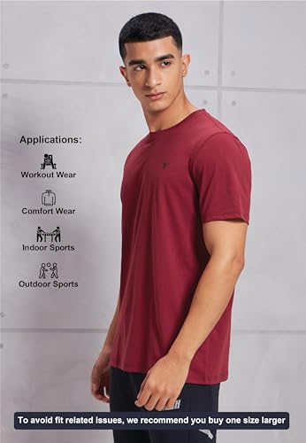 Image of TECHNOSPORT Men's Slim Fit Solid Crew Neck T-Shirt, Cotflex Quick Dry Wrinkle Resistant Polyester Sports Tee for Gym, Running, Training, Sports