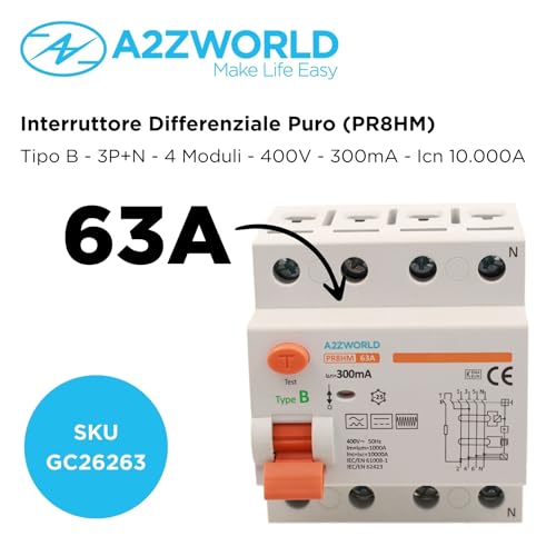 Reiner Differentialschalter Typ B, dreiphasig, lebensrettend 300 mA 63 A, RCCB 3P+N 10 kA 380 V, 4 DIN-Module, Serie PR8HM, elektromagnetisch, IEC61008-1 zertifiziert