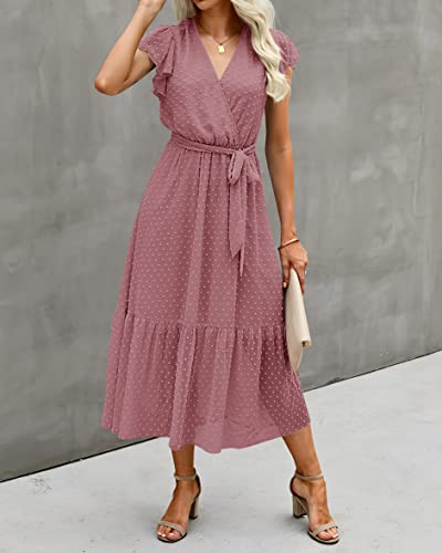 Image of BTFBM Women Summer Bohemian Floral Casual Wrap V Neck Ruffle Cap Sleeveless Belt A-Line Pleated Hem Midi Sun Dress White