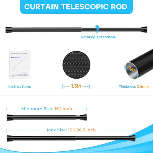 Image of Black Small Tension Curtain Rod 16 to 26 Inch | 7 /8 inch inch Adjustable Short Curtain Rod No Drilling,Spring Curtain Rod for Windows Kitchen Closet Doorway