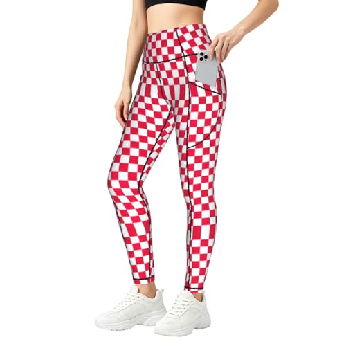 Leggings con estampado de cuadros rojos y blancos con bolsillos integrados para mujer activa