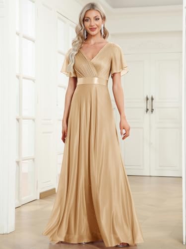 Image of Ever-Pretty Women's Summer Glitter Formal Dresses Evening Gown V Neck Short Sleeves Floor Length Mother of Bride Dress 50159