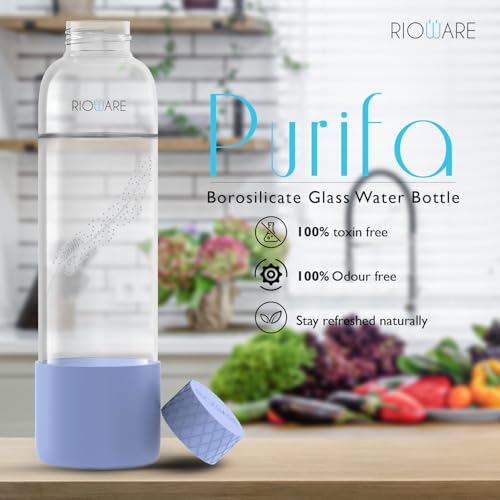 Image of Rioware Purifa Pro Borosilicate Glass Water Bottle With Silicon Sleeve (750Ml) | Airtight Lid | Leak Proof | Silicon Cap | Fridge Water Bottles For Home, Office & Gym -Pack Of 01(Blue)