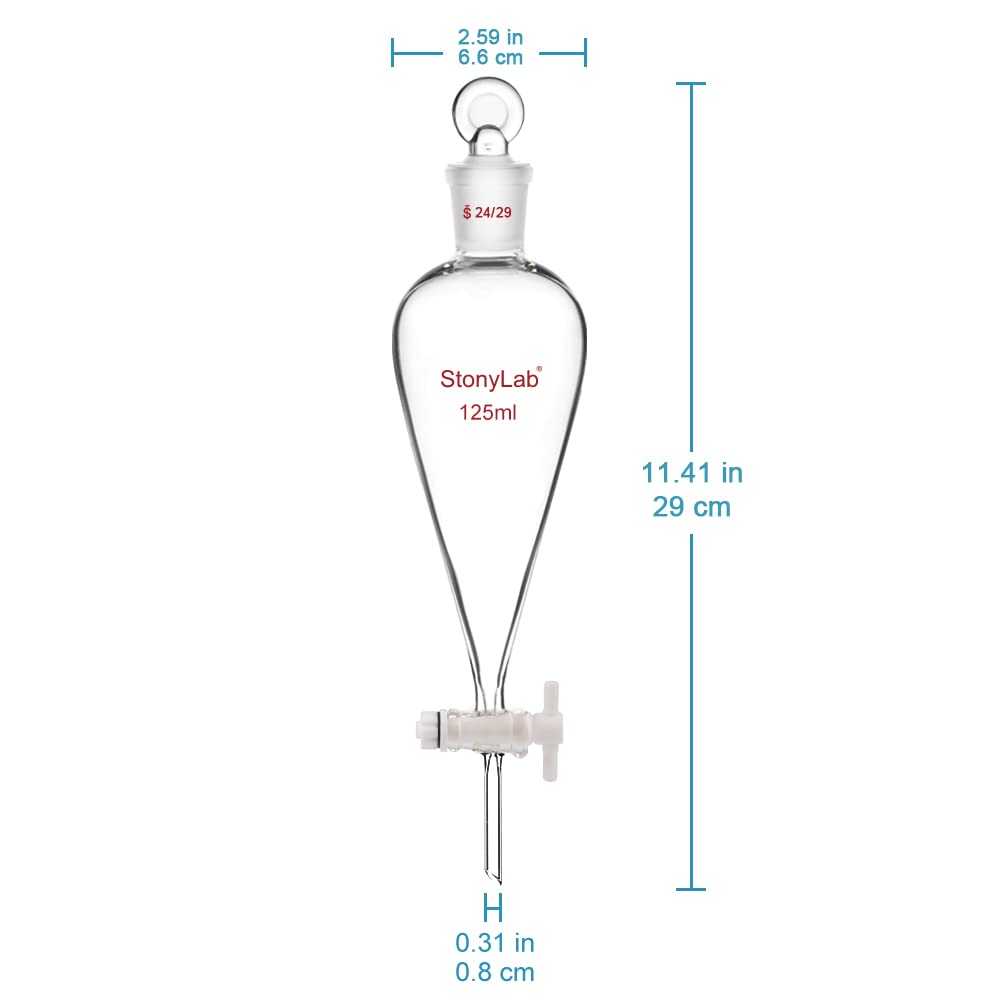 stonylab 125ml Imbuto Separatore con Rubinetto di Arresto in Vetro, Imbuto Laboratorio Conico a Forma di Pera con Parete Pesante in Vetro Borosilicato con Giunto 24/29, Separatory Funnel