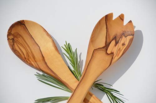 Figura Santa B-Ware: Cubiertos de Ensalada Primavera de Madera de Olivo engrasada. ca. 30 cm. Vetas Finas, Acabado Artesanal. Producto Original.