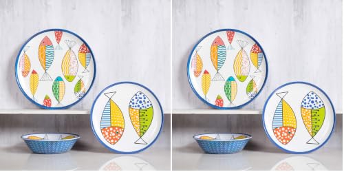 Image of Melamine Dinnerware set for 4, Plates and Bowls Sets, Great for Camper, RV, Indoors Outdoors Use with Ocean Printed, Unbreakable (Pack of 2)