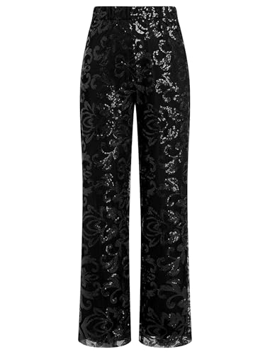 Black Sequin Women Sequence Straight Leg Pants Sparkle Dance Glitter