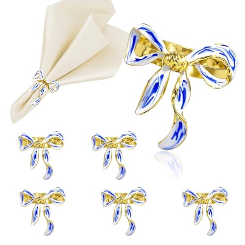 Davifina Christmas Bow Napkin Rings Set of 6 Blue White Porcelain Butterfly Knot Napkin Holders for Asian Thanksgiving New Year Party Decor,Chinoiserie Table Setting for Wedding Brithday & Home Daily