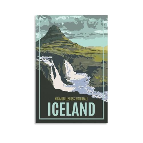 Jdheeh Poster vintage de voyage en Islande, Kirkjufellsfoss, poster sur toile, décoration murale, affiches 20 x 30 cm