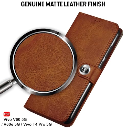 Image of TheGiftKart Genuine Leather Finish Flip Back Cover Case for Vivo V60 5G / V60e 5G / Vivo T4 Pro 5G | Inbuilt Pockets & Stand | Wallet Style | Designer Button Magnet Flip Cover (Faux Leather, Brown)