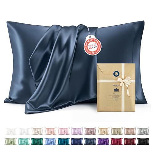 Bedsure Satin Pillowcases, Similar to Silk Pillow Cases Queen Size Set of 2, Pillow Case for Sleeping Women with Envelope Closure, Gifts for Women Men, Blue, 20x30 Inches, 2pcs