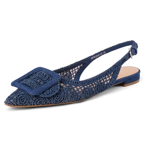 USIMAD Woven Pattern Slingback Mesh Flats for Women Pointed Toe Square Buckle Comfortable Office Dress Shoes
