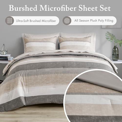 Madison Park Essentials King Comforter Set, Bed in A Bag Comforter & Sheet Set, Modern Casual Stripes Print, All Seasons, Soft Microfiber Bedding Makeover, Matching Shams, King Taupe/Grey 7 Piece by Madison Park - Image 3