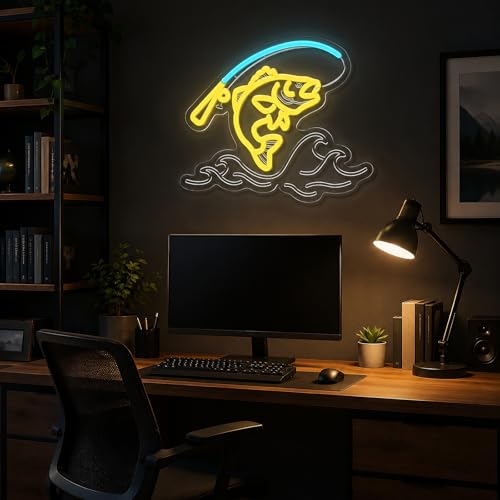 Image of Fishing Neon Sign for Wall Decor,Dimmable Fishing Hook Neon Light Up Signs for Yacht Man Cave Living Room Father's Gifts
