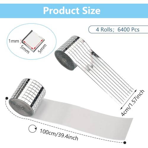 4 Rollen Selbstklebende Mini Spiegel 5 x 5 mm Glas - Spiegel Mosaik Fliesen Disco Kugel für KTV & DIY Dekoration, 4 x 100 cm/Rolle
