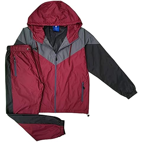 Royal Threads Canada Men’s Colorful Hooded Windbreaker Sweatsuit Meshed Lined Nylon Water Repellent GYM Outfit, Maroon-grey-black, XX-Large Cover