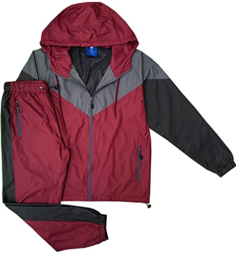 Men’s Colorful Hooded Windbreaker Sweatsuit Meshed Lined Nylon Water Repellent GYM Outfit