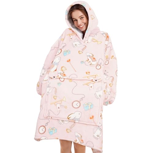 Narecte Oversized Blanket Hoodie Wearable Blanket Sweatshirt for Women Adults Soft Hooded Blanket Warm Oversized Hoodie Blanket Birthday Gifts for Women Christmas Gift for Friends Female Rabbit