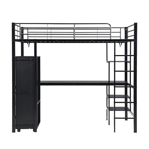 I0I&I0I Litera 90 x 200 cm – Cama alta con escritorio, armario y estantes – Cama de metal para niños y jóvenes – Escalera de 5 peldaños estable y ahorra espacio (negro)