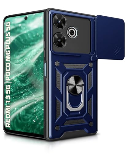 Image of WOW IMAGINE Tough Armor Bumper Mobile Back Case for Mi Redmi 13 5G | Poco M6 Plus 5G | Sliding Camera Shield Cover | Shock Proof 360 Protection | Hybrid PC + TPU | Ring Holder with Kickstand - Blue