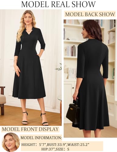 GRACE KARIN Work Dresses for Women 2025,Midi Business Dress,3/4 Sleeve Classy Fit and Flare Dress with Pocket2