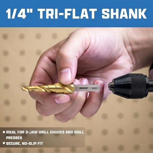 Image of NEIKO 10603A Step Drill Bit, 6 Steps 3 /16 inch to 1 /2 inch Spiral High Speed Steel, Titanium Nitride Coated, 1 /4 inch Tri Flat Step Bits for Steel, Metal, Wood, Plastic, Unibit Cone Drill Bits, Two Flute