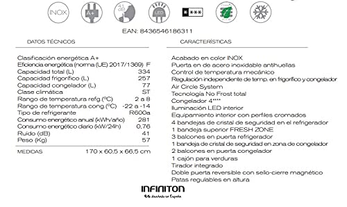 FRIGORIFICO-INFINITON-FG-1570SNF-INOX-AF-NO-FROST-344-Litros-Alto-170-cm-Luz-interior-LED-3-Balcones-Termostato-Regulable-Cajon-Verdulero