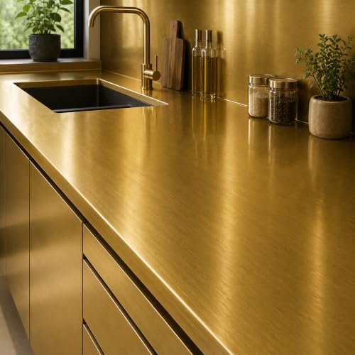 Image of Vinyl Contact Paper Decorative for Cabinets Countertops Kitchen Shelves Liner Self Adhesive Film Peel and Stick Waterproof Removable Wallpaper (Inches 24 x 118, Gold Brushed)