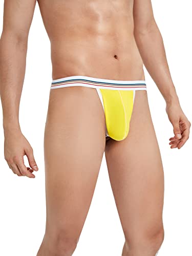 Milumia Men's Striped Trim Thong G String Thongs Breathable Underwear Yellow Medium #TOP3