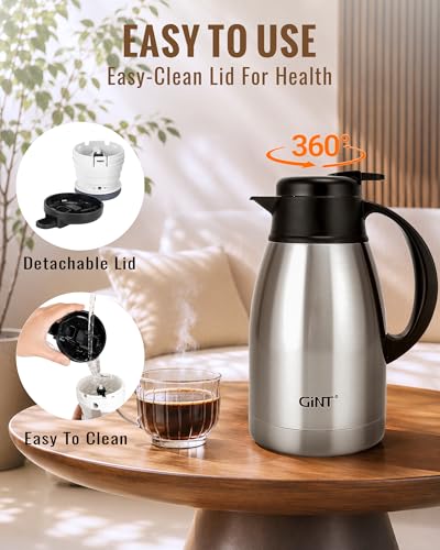 Image of GiNT Thermal Coffee Carafe 51 Oz, Stainless Steel Insulated Beverage Server with Easy-Clean Detachable Lid, Leak-Proof One-Hand Pour Large Dispenser for Hot Drinks and Coffee Pot for Home Office