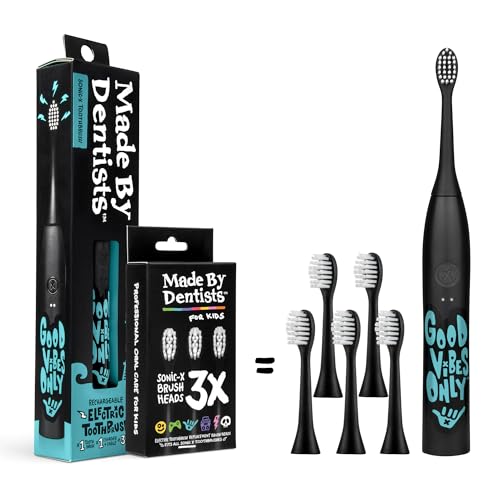Made by Dentists Sonic X Electric Toothbrush – Rechargeable Kids Sonic Toothbrush, 8X Plaque Removal, 2 Speed Modes, 2-Minute Timer 6 Brush Heads Included, Tweens Ages 7+, Good Vibes Only Edition