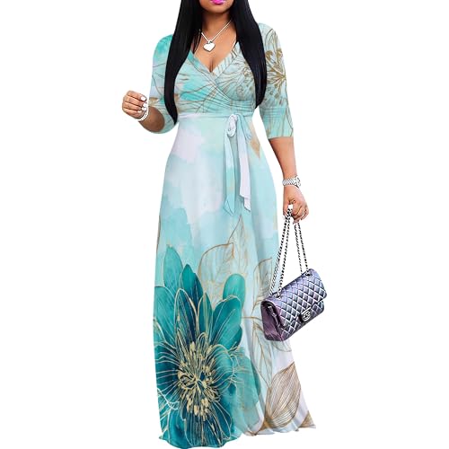 Image of SUZONANA Plus Size Dresses for Women Floral Print Maxi Dress Flowy 3 /4 Sleeve with Belt