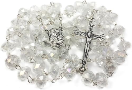 Nazareth Store White Clear Crystal Beads Rosary Prayer Beaded Necklace with Holy Soil Medal and Jesus Cross Communion Rosary