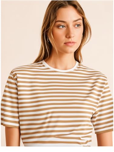 Image of Mack Jonney Oversized | Loose Fit | Half Sleeves 100% Cotton Round Neck Striped T-Shirt for WOMEN-MACK640558