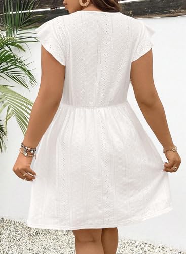 Image of Eytino Plus Size Dresses for Women Summer Ruffle Cap Sleeve Lace V Neck Embroidery Eyelet A Line Dress(1X-5X)