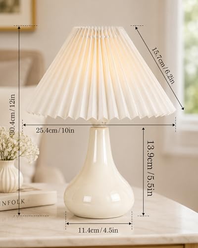 Image of Homesake Modern Small Ceramic Table Lamp, Classic Bedside Desk Lamp for Living Room Bedroom, Farmhouse Home Decor Nightstand Lamps Light with Fabric Pleated Shade, (White Pleated Shade)