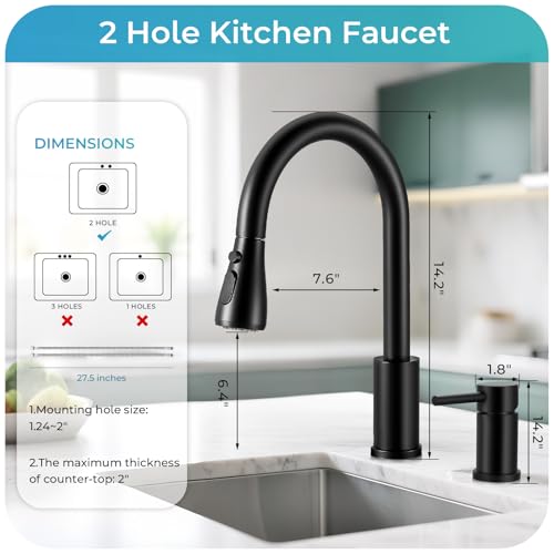 Image of Pull Down Kitchen Faucet 2 Hole - Matte Black Single Handle Kitchen Faucets, High Arc Stainless Steel Pull Out Kitchen Sink Faucet for RV Laundry Farmhouse Bar