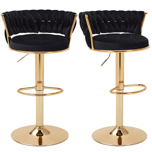 VECELO Bar Stools Set of 2, Adjustable Barstools Counter Height Stools with Back and Arm, Velvet Woven Kitchen Island Stools w/Gold Metal Leg & Base, 360° Swivel Bar Chair for Pubs Dining Room, Black