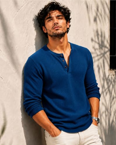 Image of AUSK Men's Waffle Knit Henley T-Shirt | Cotton Blend Full Sleeve Textured Casual T Shirt | Regular Fit Button Placket Round Neck Tshirt for Men