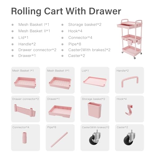 Image of REBECAT 3 Tier Rolling Utility Cart with Drawer,Storage Cart,Rolling Cart for Kitchen,Bathroom,Living Room,Storage Organizer with Iron Wheels(Pink