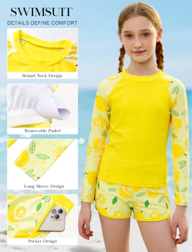 Image of Alakuoti Girls Rash Guard Swimsuit Two Piece Bathing Suit UPF 50+ Sun Protection Long Sleeve Swimwear 6-14 Years