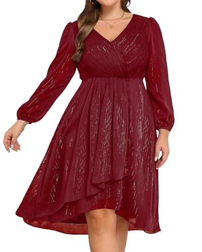 Image of Plus Size Wedding Guest Dress - Formal Long Sleeve A Line V Neck Midi Dress | Formal fall wedding guest dress, A-line pleated midi style with long sleeves & V-neck for curvy women.